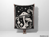 Magic Mushroom Black and White Monochrome Woven Throw Blanket and Tapestry