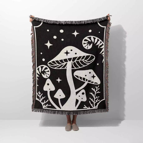 Magic Mushroom Black and White Monochrome Woven Throw Blanket and Tapestry - DesignerOllie.com