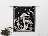 Magic Mushroom Black and White Monochrome Woven Throw Blanket and Tapestry