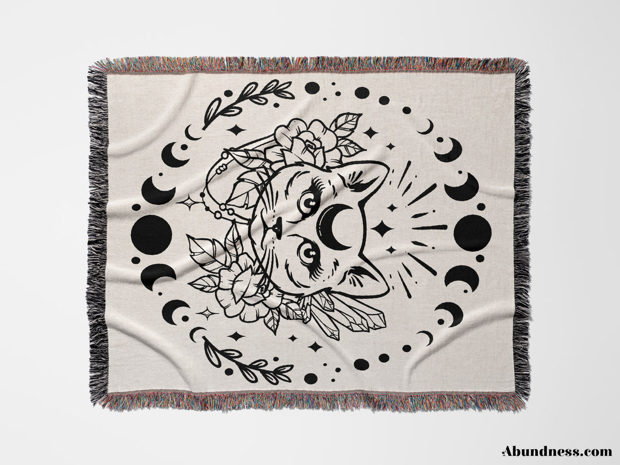 Magic and Celestial Cat with Moon Phases Woven Throw Blanket