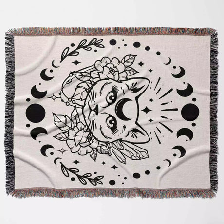 Magic and Celestial Cat with Moon Phases Woven Throw Blanket - DesignerOllie.com