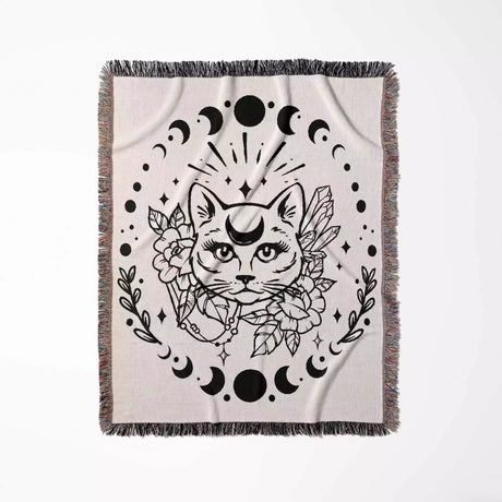 Magic and Celestial Cat with Moon Phases Woven Throw Blanket - DesignerOllie.com
