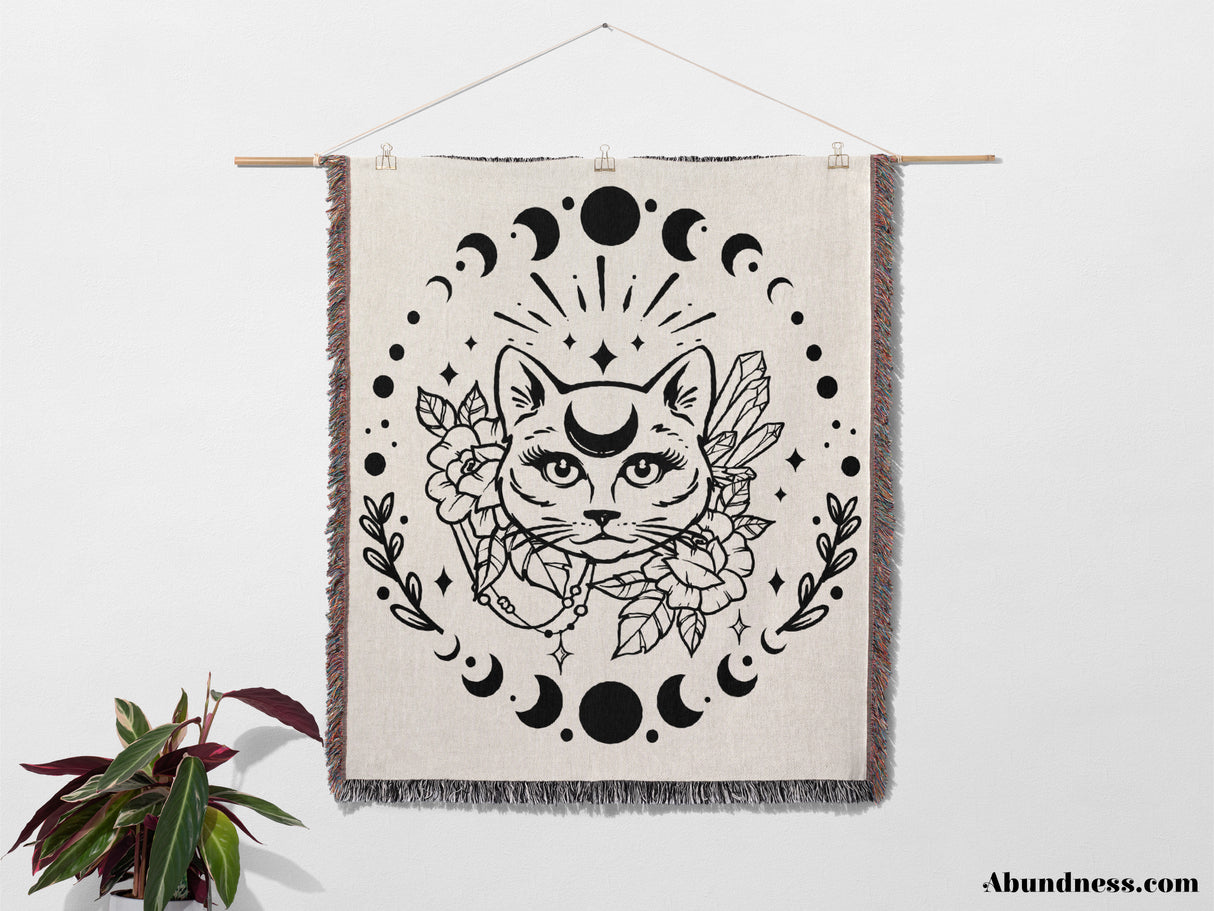 Magic and Celestial Cat with Moon Phases Woven Throw Blanket