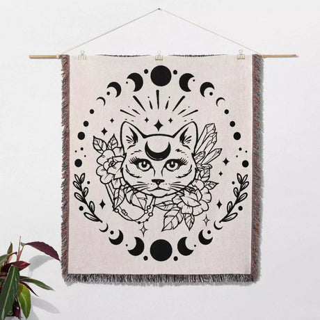 Magic and Celestial Cat with Moon Phases Woven Throw Blanket - DesignerOllie.com