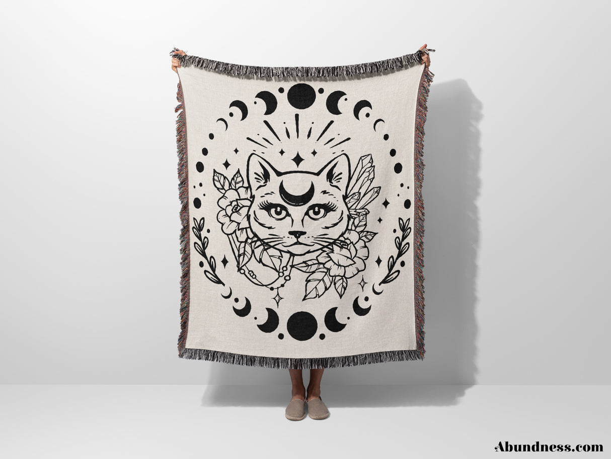 Magic and Celestial Cat with Moon Phases Woven Throw Blanket