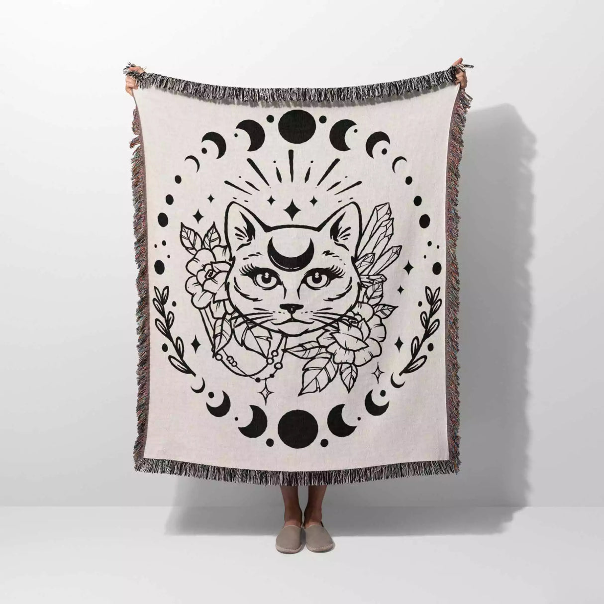 Magic and Celestial Cat with Moon Phases Woven Throw Blanket - DesignerOllie.com