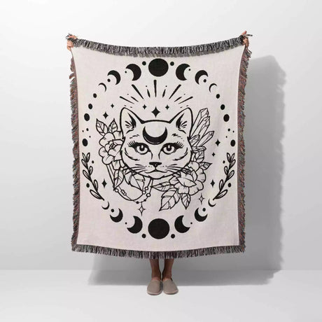 Magic and Celestial Cat with Moon Phases Woven Throw Blanket - DesignerOllie.com