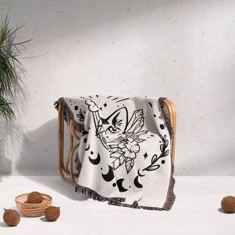 Magic and Celestial Cat with Moon Phases Woven Throw Blanket - DesignerOllie.com