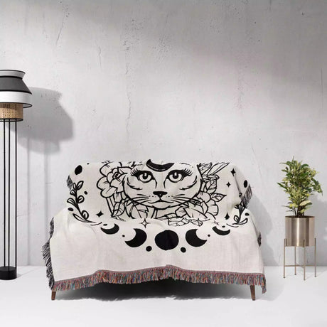 Magic and Celestial Cat with Moon Phases Woven Throw Blanket - DesignerOllie.com