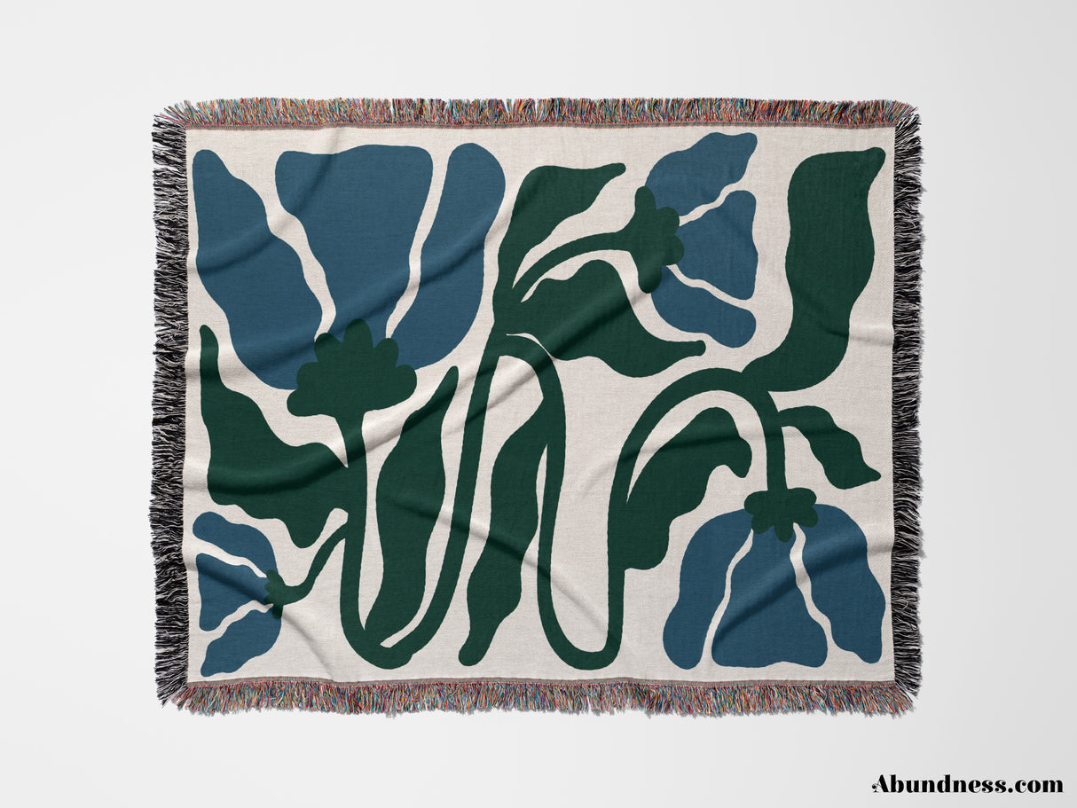 Matisse Flower Blue and Forest Green Woven Throw Blanket and Tapestry