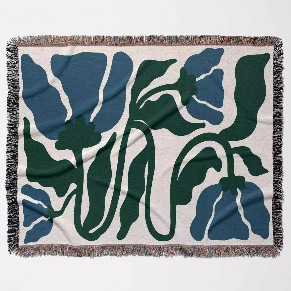 Matisse Flower Blue and Forest Green Woven Throw Blanket and Tapestry - DesignerOllie.com