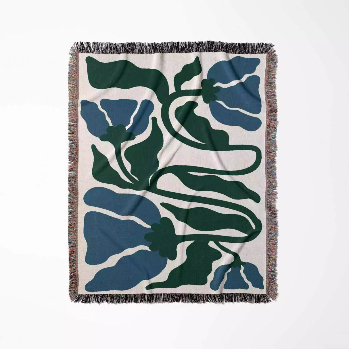 Matisse Flower Blue and Forest Green Woven Throw Blanket and Tapestry - DesignerOllie.com