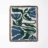 Matisse Flower Blue and Forest Green Woven Throw Blanket and Tapestry - DesignerOllie.com