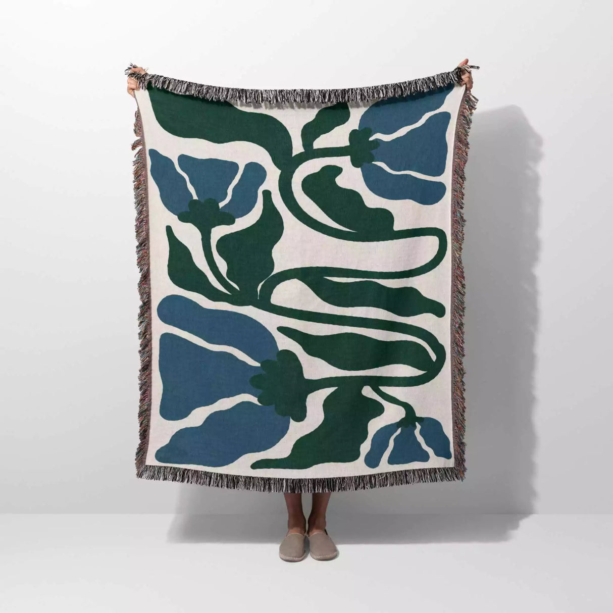 Matisse Flower Blue and Forest Green Woven Throw Blanket and Tapestry - DesignerOllie.com