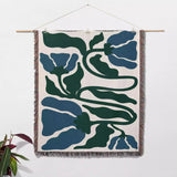 Matisse Flower Blue and Forest Green Woven Throw Blanket and Tapestry - DesignerOllie.com