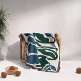 Matisse Flower Blue and Forest Green Woven Throw Blanket and Tapestry - DesignerOllie.com