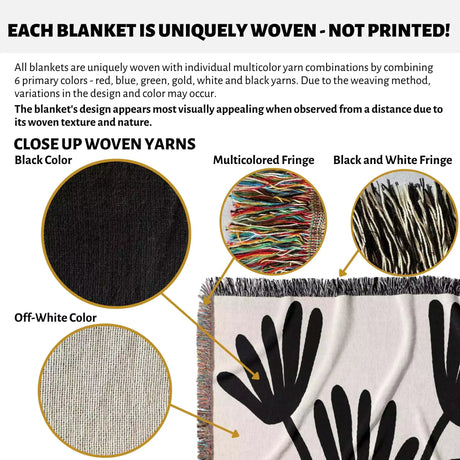 Product description of a Matisse flowers black and white woven throw blanket with close-up details and color options.