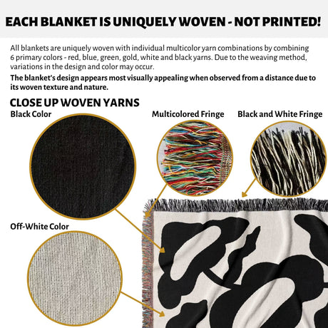 Product description of Matisse style black and white cotton woven throw blanket with close-up details of yarns and fringes.