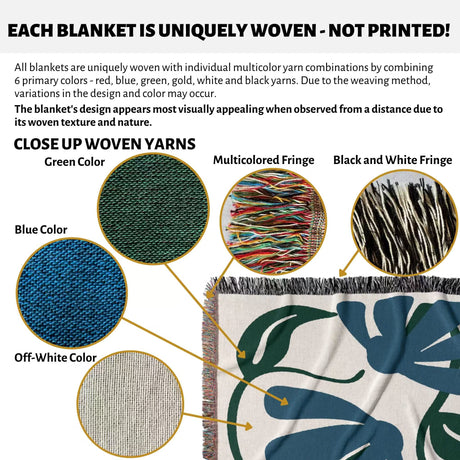 Details of Matisse style blue floral cotton woven throw blanket with close-up details of yarn colors and textures.