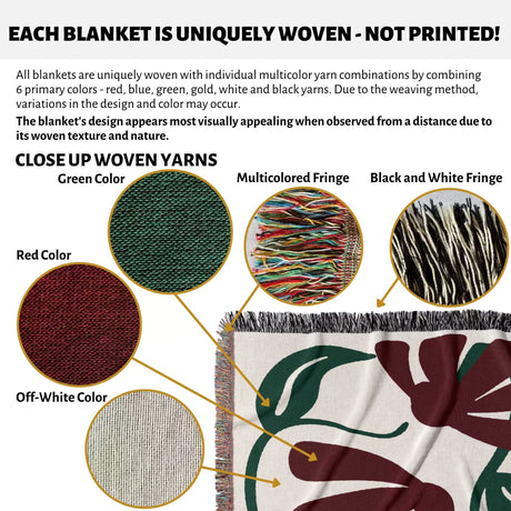 Detailed view of Matisse style red floral cotton woven throw blanket yarns and a blanket with multicolor yarn combinations.