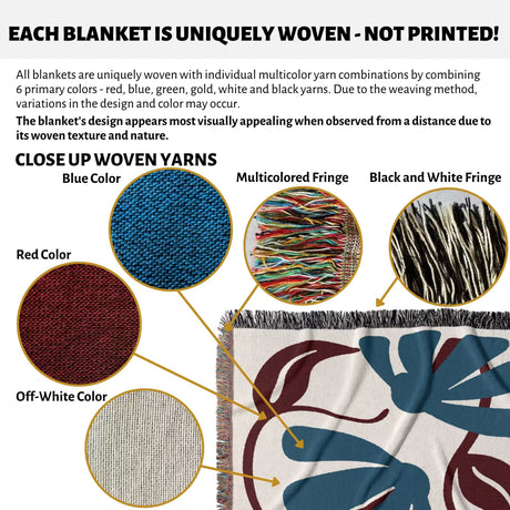 Product description of Matisse style red and blue cotton woven throw blanket with close-up details and color options.