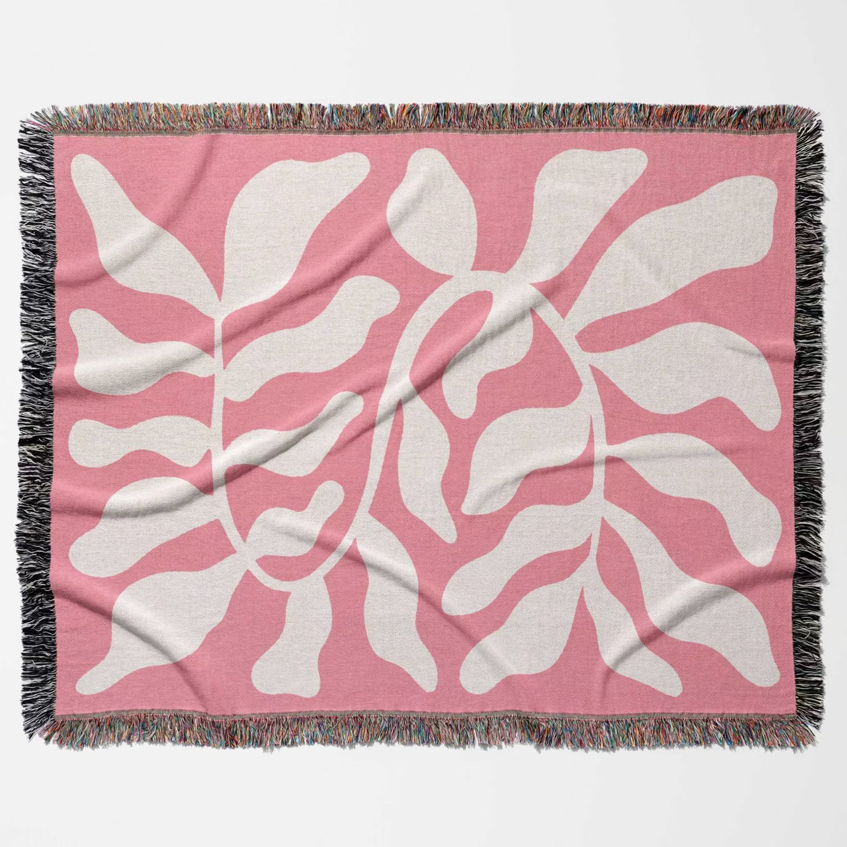 Lighter red abstract Matisse throw blanket full flat lay on a white background