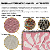 Product description of a uniquely woven lighter red abstract Matisse throw blanket with close-up details of yarns and fringes.