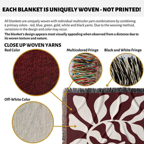 Text and close-up images of red leaf abstract Matisse throw blanket woven yarns and a blanket with multicolored fringe.