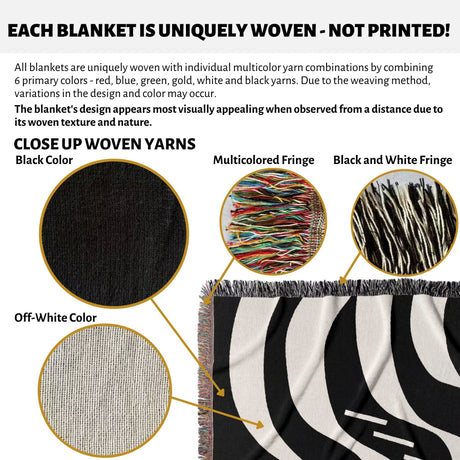 Text and close-up images of woven yarns and a black and white modern abstract art woven blanket throw tapestry with multicolored fringe.