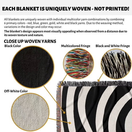 Product description of black and white modern abstract woven blanket throw tapestry with close-up details and color options.