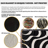 Product description of black and white modern aesthetic waves woven blanket throw with close-up details and color options.