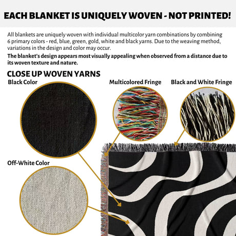 Product description of black and white modern aesthetic waves woven blanket throw with close-up details and color options.
