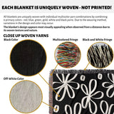 Close-up of woven yarns and a black and white modern artsy flowers woven blanket throw with black, off-white, and multicolored fringes.