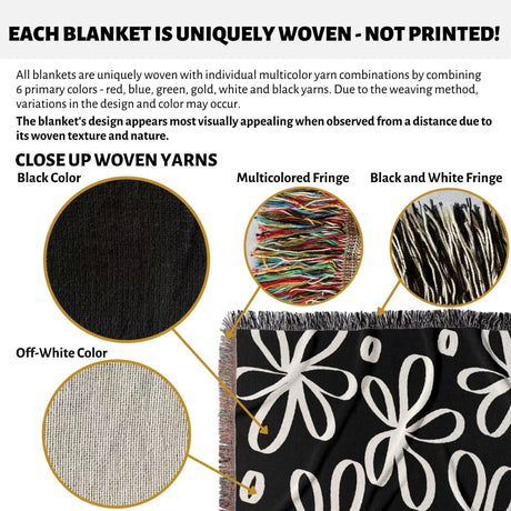 Close-up of woven yarns and a black and white modern artsy flowers woven blanket throw with black, off-white, and multicolored fringes.