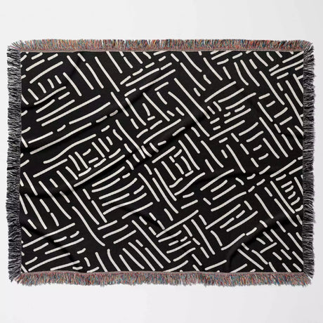 Modern Boho Black and White Monochrome Woven Throw Blanket and Tapestry - DesignerOllie.com