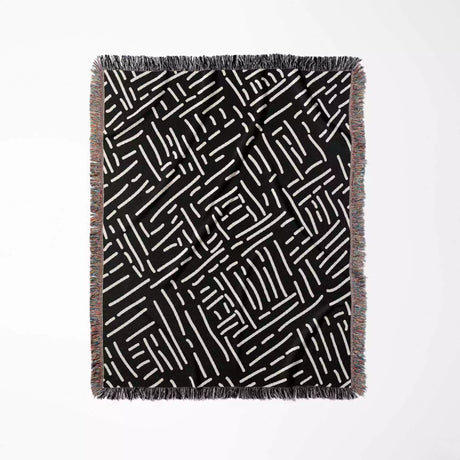 Modern Boho Black and White Monochrome Woven Throw Blanket and Tapestry - DesignerOllie.com