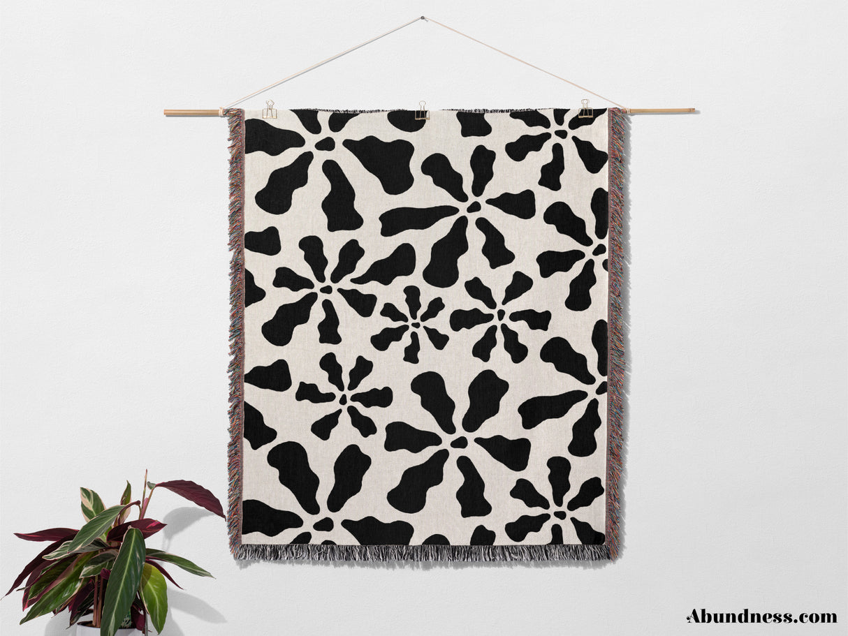 Modern Retro Groovy Black and White Woven Throw Blanket and Tapestry