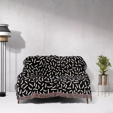 Modern Squiggly Black and White Monochrome Woven Throw Blanket and Tapestry - DesignerOllie.com