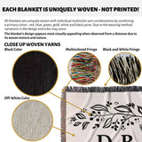 Product description of a monogrammed cotton throw blanket perfect engagement and wedding gift with close-up details and color options.