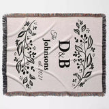 Monogrammed cotton throw blanket perfect engagement and wedding gift  product full view on a light background