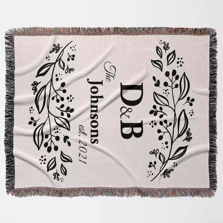 Monogrammed cotton throw blanket perfect engagement and wedding gift  product full view on a light background