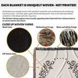 Product description of Mr and Mrs cotton wedding anniversary gift woven blanket with close-up details and text about uniqueness.