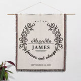 Mr and Mrs cotton wedding anniversary gift woven blanket with 'Mr & Mrs James forever and always' text and date, hanging on a white wall.