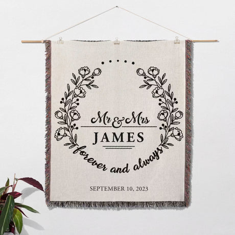 Mr and Mrs cotton wedding anniversary gift woven blanket with 'Mr & Mrs James forever and always' text and date, hanging on a white wall.
