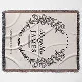 Mr and Mrs cotton wedding anniversary gift woven blanket flat lay with floral design and text 'Mr & Mrs Forever and always' on a white background