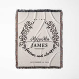 Mr and Mrs cotton wedding anniversary gift woven blanket  with floral wreaths and text full view on a white background