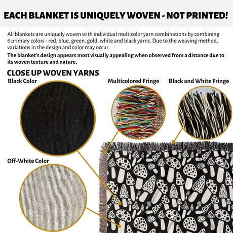 Product description of black and white mushrooms patterned woven blanket throw with close-up details and color options.