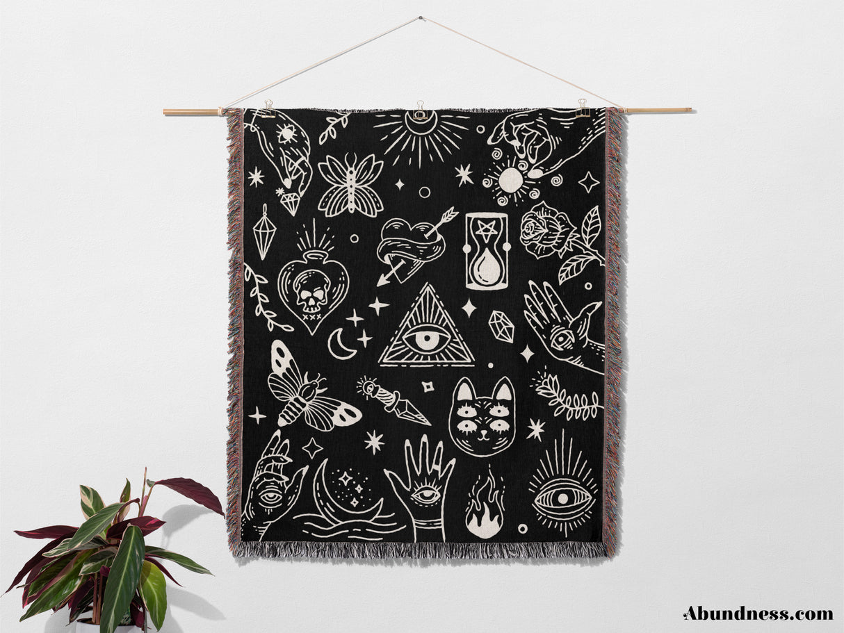 Occult Symbols with Spooky Elements Woven Throw Blanket