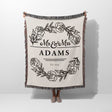 Personalized 2 year anniversary gift - Mr and Mrs woven throw blanket with 'Mr & Mrs Adams' design on a white background