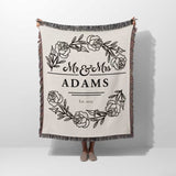 Personalized 2 year anniversary gift - Mr and Mrs woven throw blanket with 'Mr & Mrs Adams' design on a white background